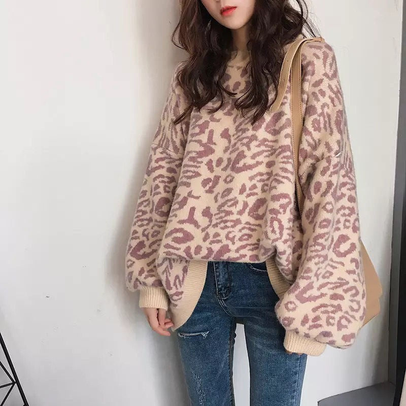 Women's Oversized Knit Sweater with Leopard Print and Soft Material NOVAE