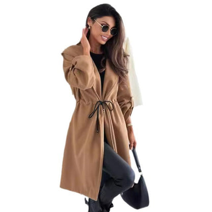 Women's hip-length fabric coat with hood and waist belt NOVAE