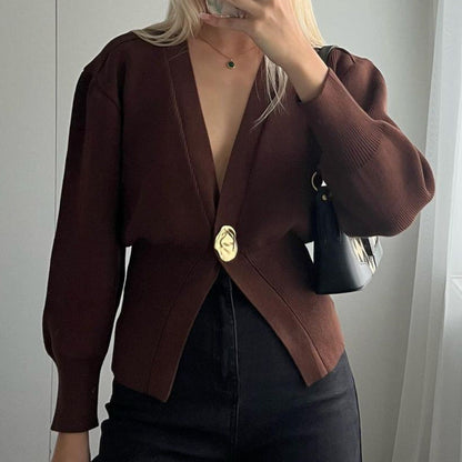 Women's elegant knit cardigan with deep V-neck and decorative button NOVAE