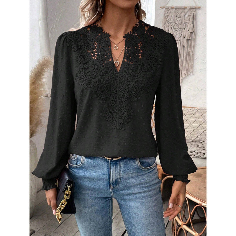 Women's blouse with embroidered V-neck and long sleeves NOVAE