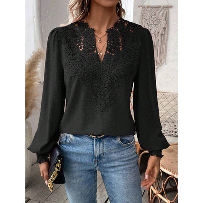 Women's blouse with embroidered V-neck and long sleeves NOVAE