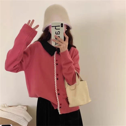 Women's Elegant Knit Cardigan with Stand-Up Collar and Button Detail NOVAE