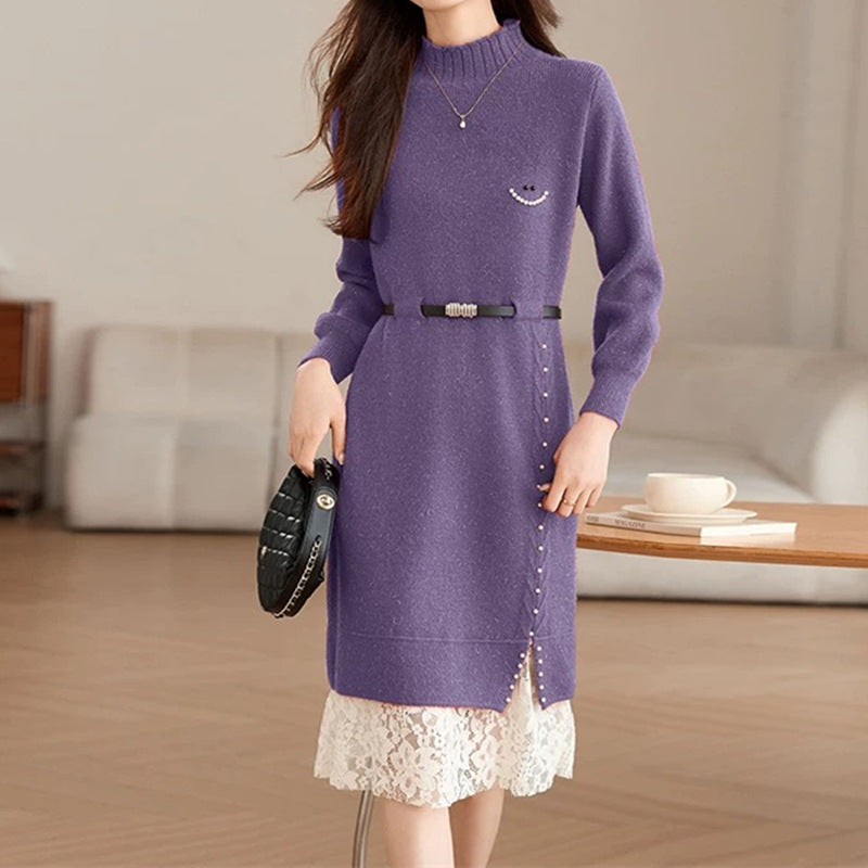 Women's knit dress with decorative button details and lace NOVAE