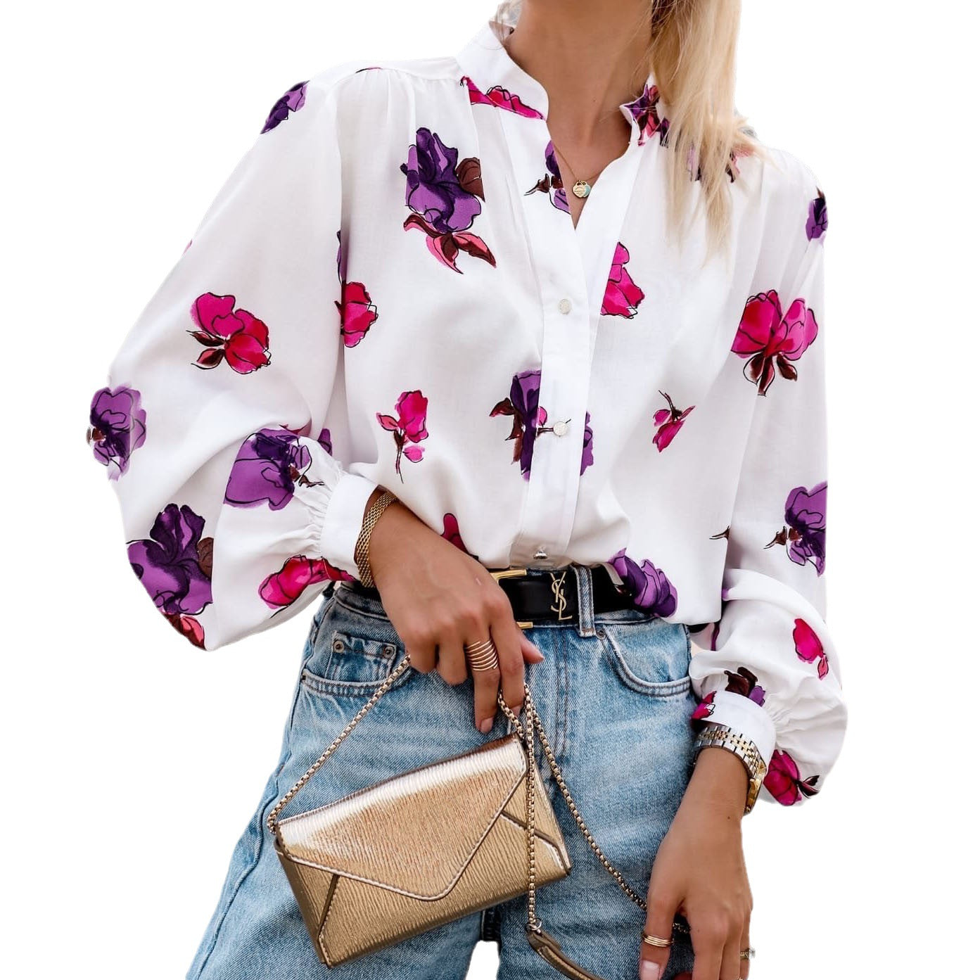 Women's elegant blouse with floral pattern and striking puff sleeves NOVAE