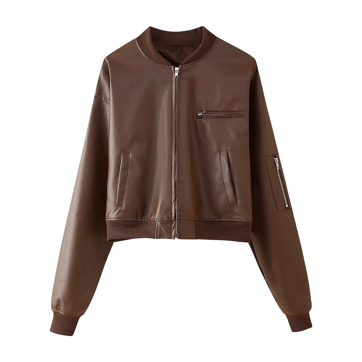 Women's leather bomber jacket with practical zip pockets and elastic waistband NOVAE