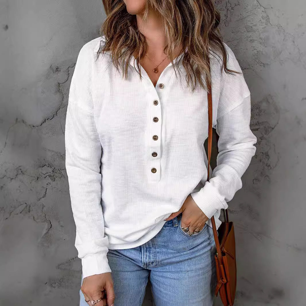 Women's long-sleeved blouse with buttoned collar and textured fabric NOVAE