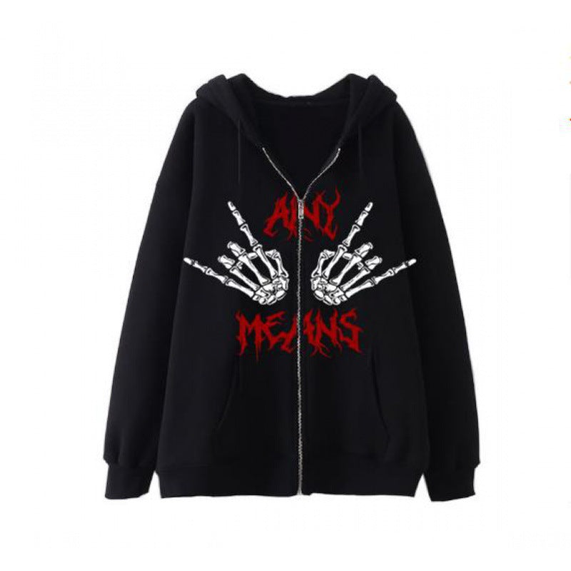 Women's hooded sweatshirt with creative skeleton motif and practical zipper NOVAE
