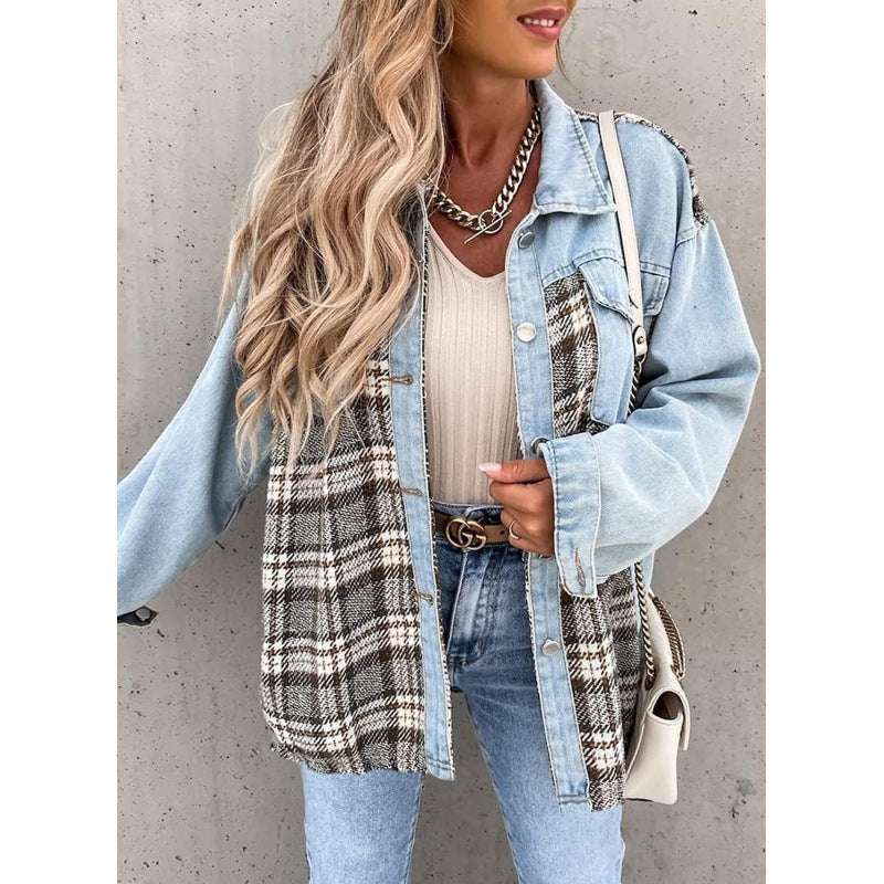Women's checked denim jacket with a casual cut and modern details NOVAE