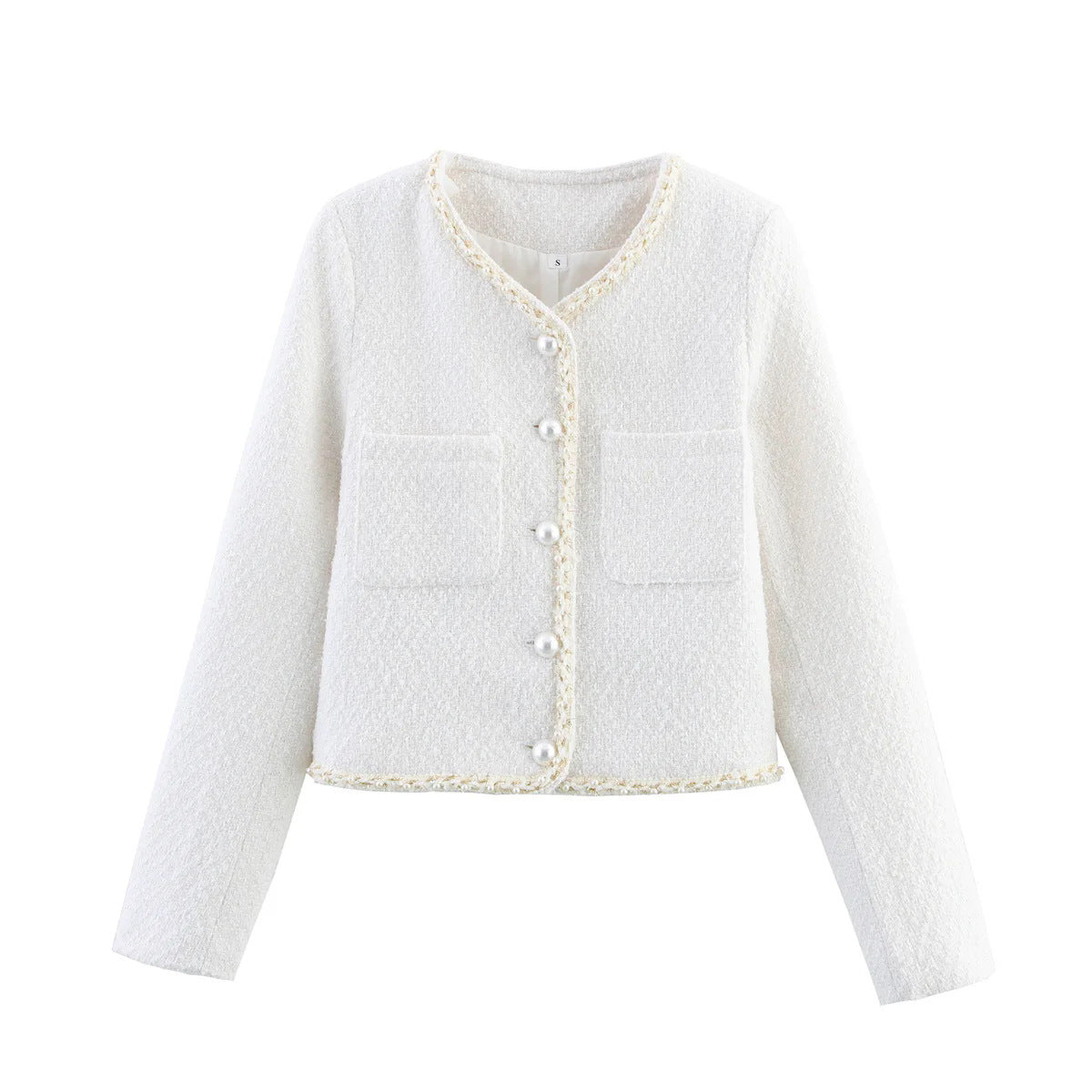 Women's elegant short-sleeved pullover jacket with pearl-decorated buttons and patch pockets NOVAE