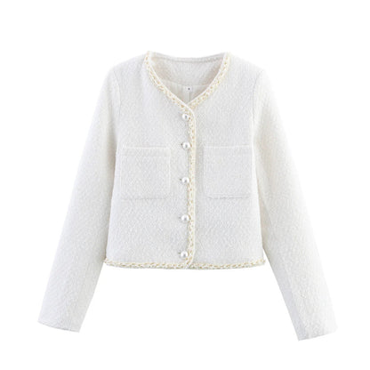 Women's elegant short-sleeved pullover jacket with pearl-decorated buttons and patch pockets NOVAE