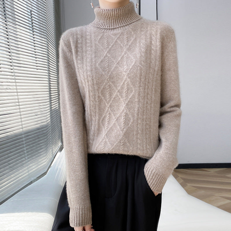Women's knitted sweater with high collar and cable pattern NOVAE