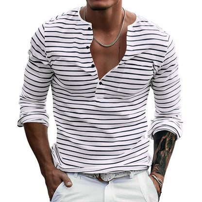 Men's striped long-sleeved shirt with button placket and V-neck NOVAE