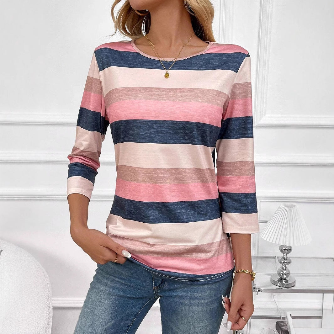 Women's striped top with 3/4 sleeves and wide round neck NOVAE