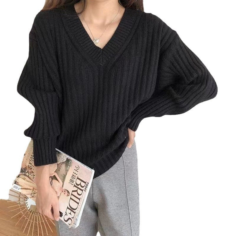 Women's viscose knit sweater with V-neck and ribbed design NOVAE