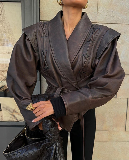 Women's stylish faux leather jacket with draping and adjustable belt NOVAE