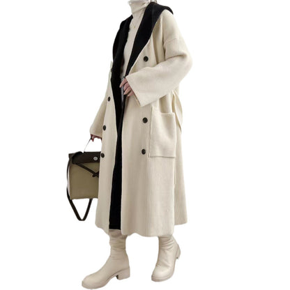 Women's Elegant Long Coat with Belt and Contrasting Sleeves NOVAE