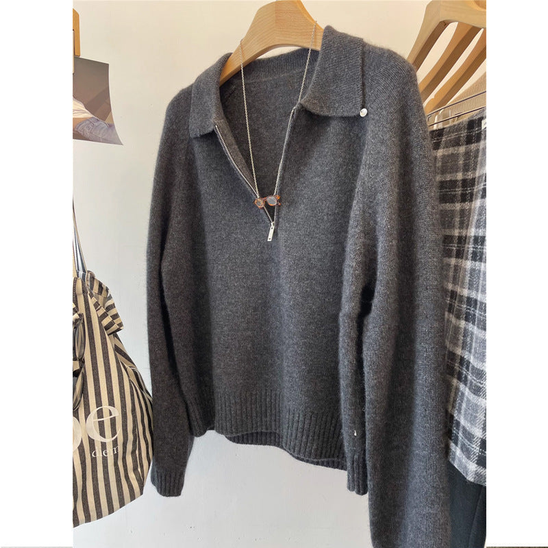 Women's Cozy Sweater with Stand-Up Collar and Short Zipper NOVAE