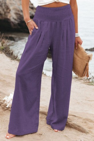 Women's airy linen trousers with elasticated waistband and wide cut NOVAE