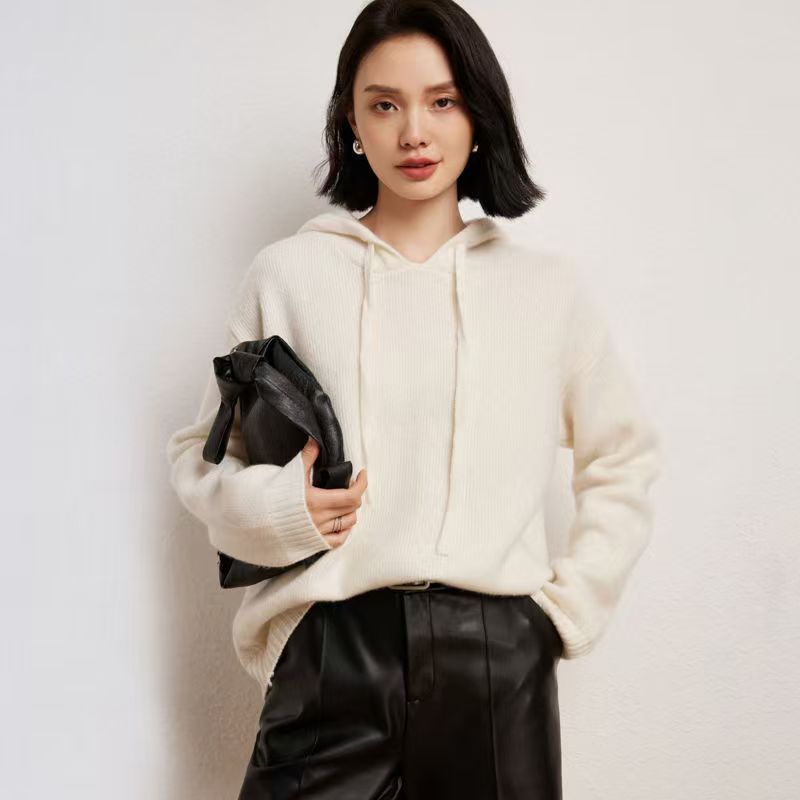 Women's casual knit sweater with hood and finely textured surface NOVAE