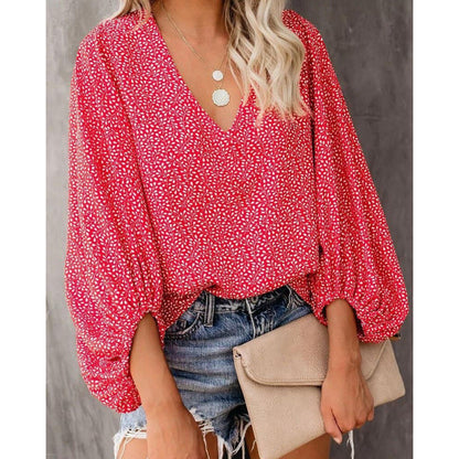 Women's blouse with wide puff sleeves and elegant V-neck NOVAE