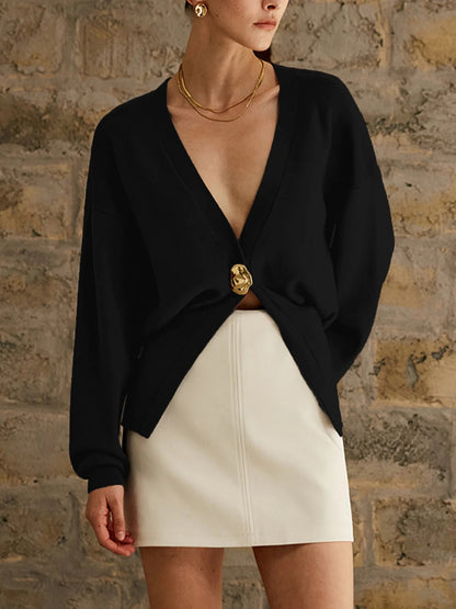 Women's elegant knit cardigan with deep V-neck and decorative button NOVAE