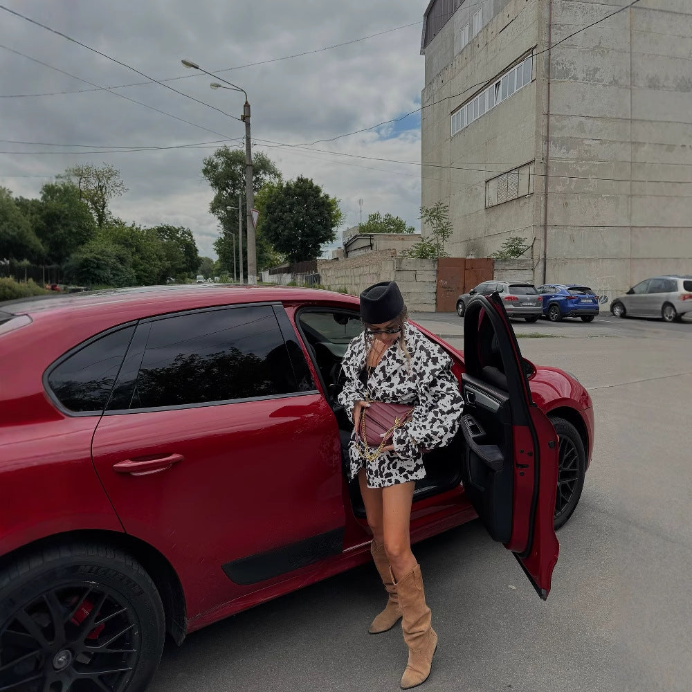 Women's classic blouse with decorative tie and fashionable spotted pattern NOVAE