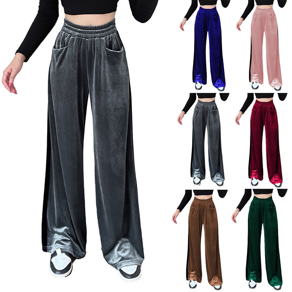 Women's wide-cut velour trousers with elasticated waistband and practical pockets NOVAE