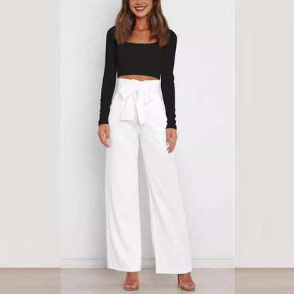 Women's wide-leg trousers with tie belt and elegant pockets NOVAE