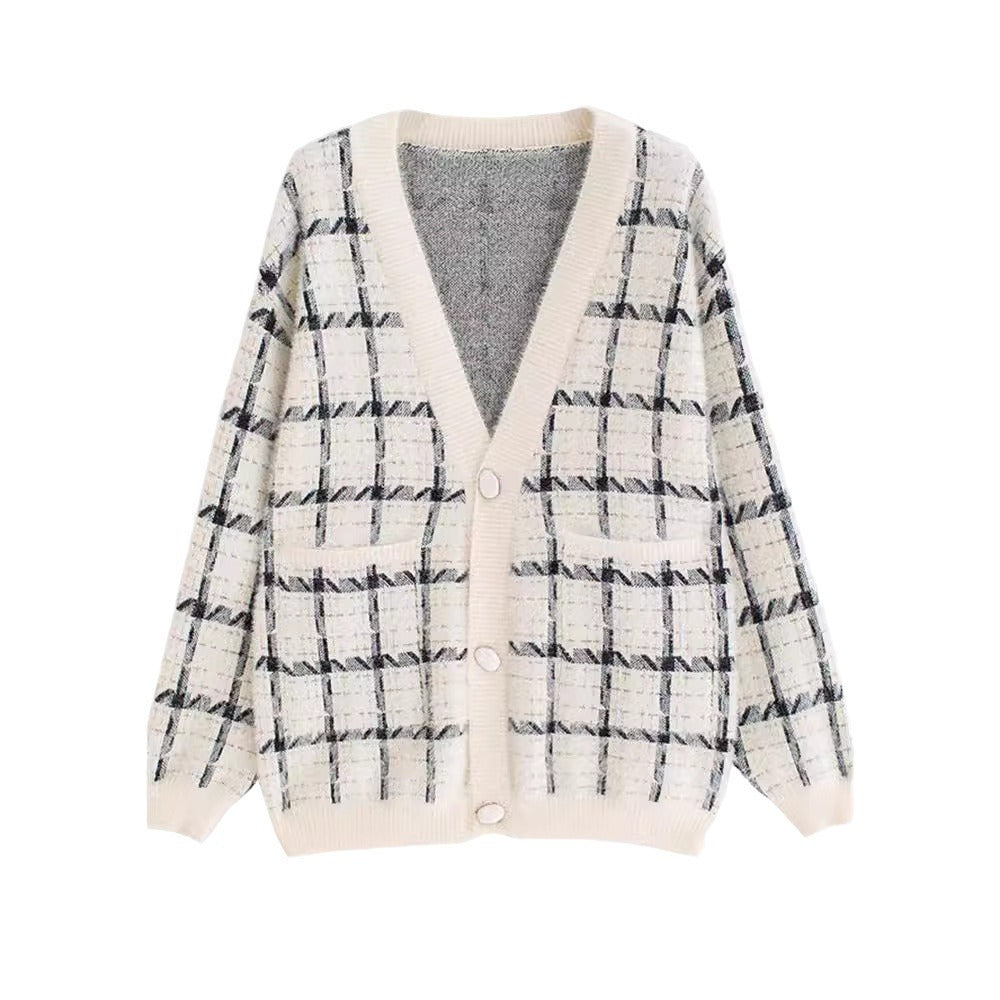 Women's Cozy Oversized Knit Cardigan with Check Pattern NOVAE