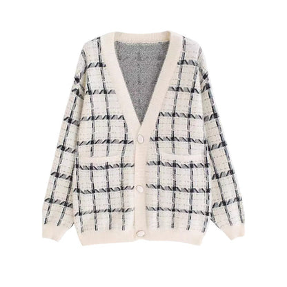 Women's Cozy Oversized Knit Cardigan with Check Pattern NOVAE