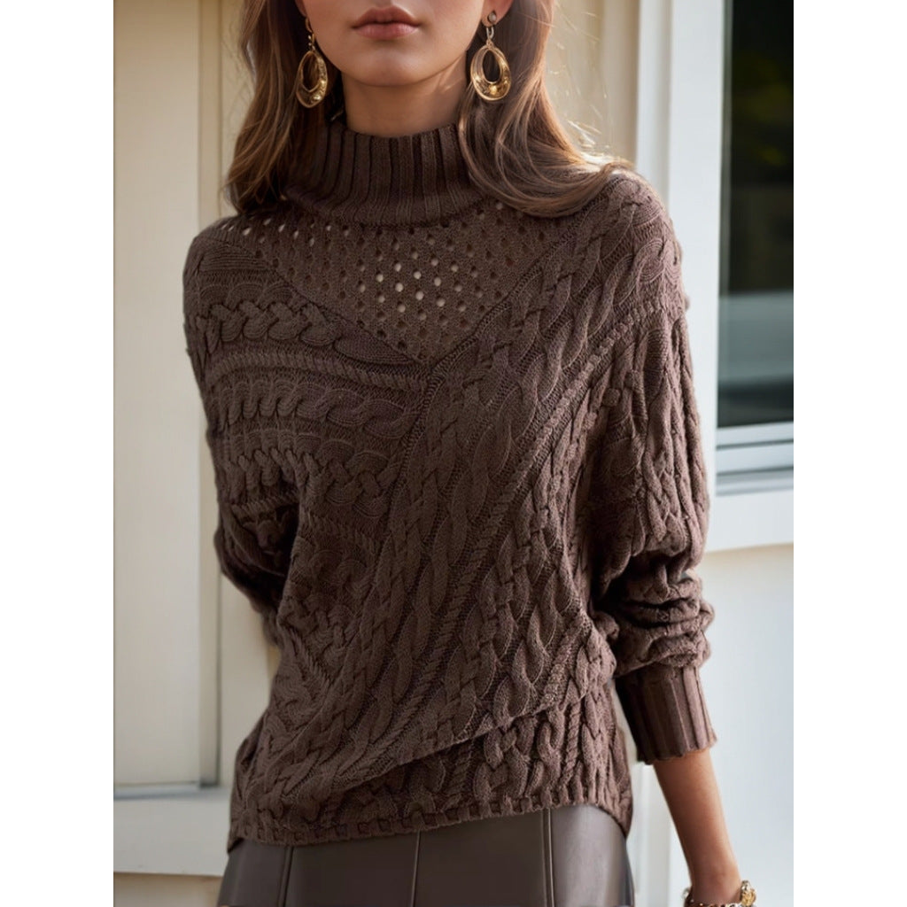 Women's knit sweater with high collar and detailed cable pattern NOVAE