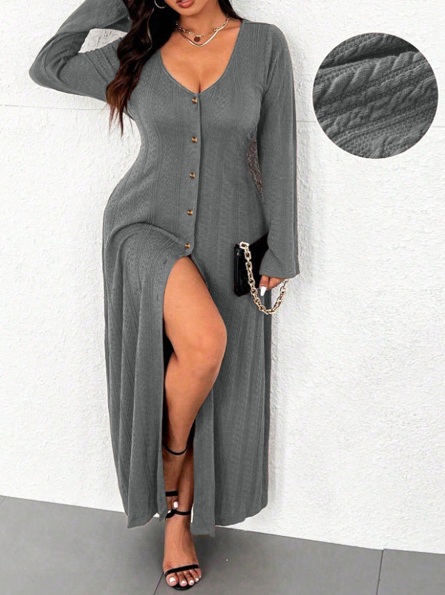 Women's maxi dress with button placket and elegant slit NOVAE