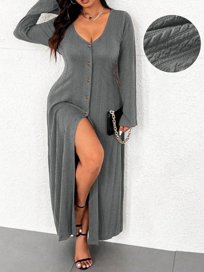 Women's maxi dress with button placket and elegant slit NOVAE