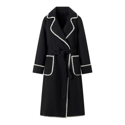Women's elegant long coat with adjustable belt and contrasting seams NOVAE