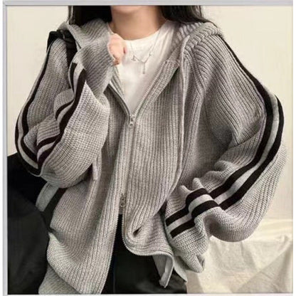 Women's casual knit hoodie with deep V-neck and side stripes NOVAE