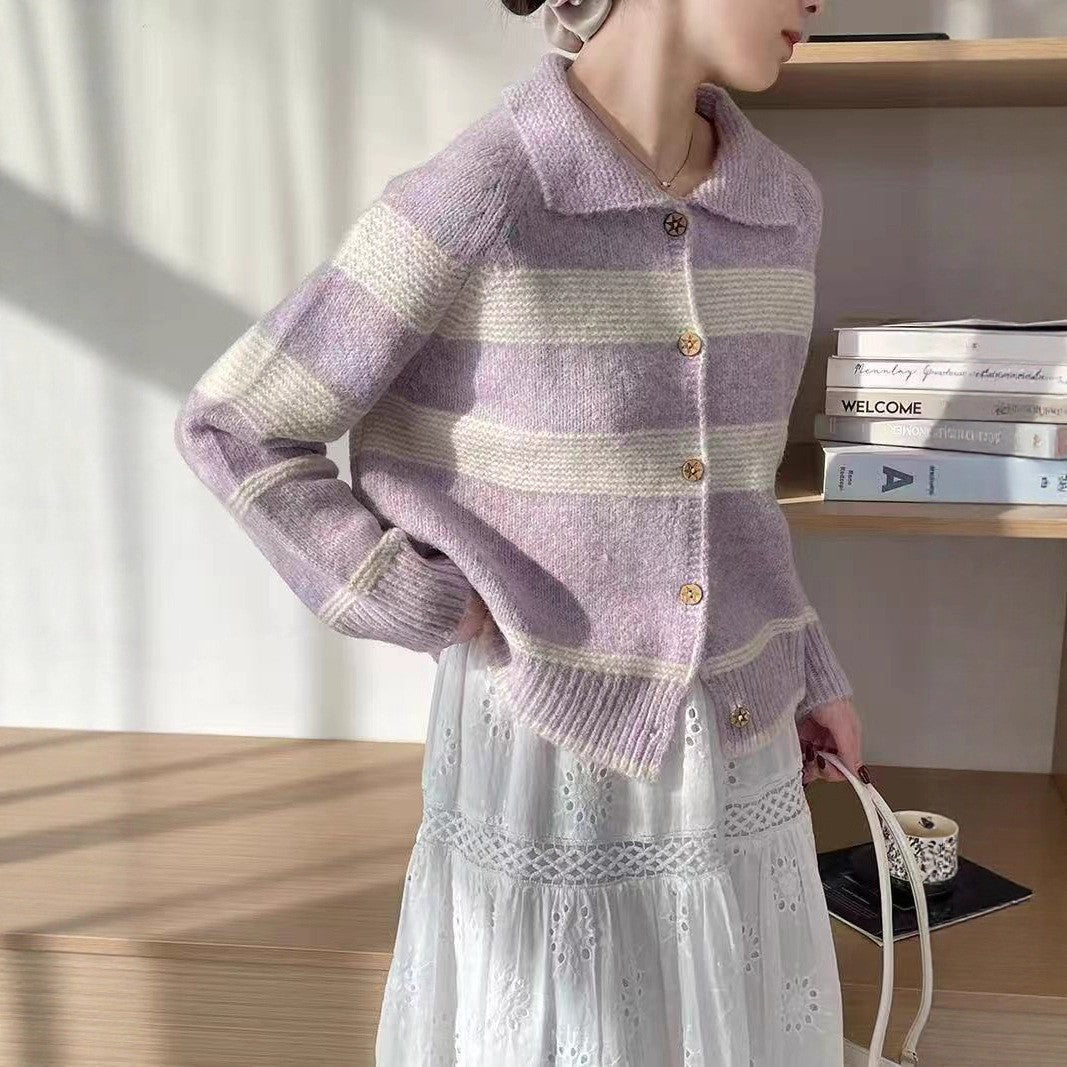 Women's fashionable knit cardigan with elegant stripes and wooden buttons NOVAE