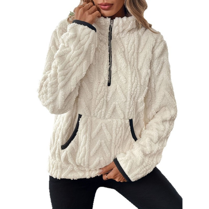 Women's fluffy teddy sweater with half zipper and high collar NOVAE