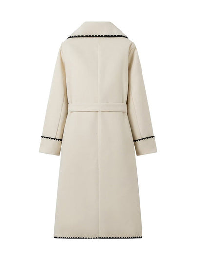 Women's elegant long coat with tie belt and contrasting piping NOVAE