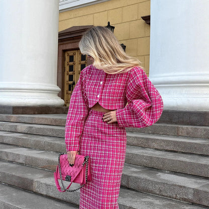 Women's maxi dress with innovative check design and flounce sleeves NOVAE