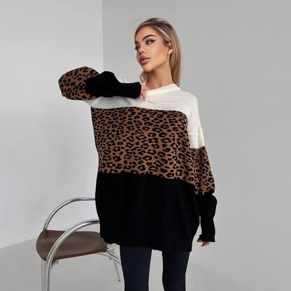 Women's fashionable oversized sweater with animal print and creative color block details NOVAE