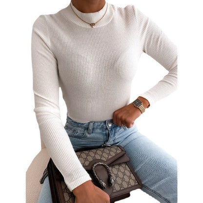 Women's long-sleeved top with structured ribbed texture and high-necked collar NOVAE