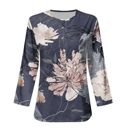 Women's Long Sleeve Blouse with Button Placket and Floral Pattern NOVAE