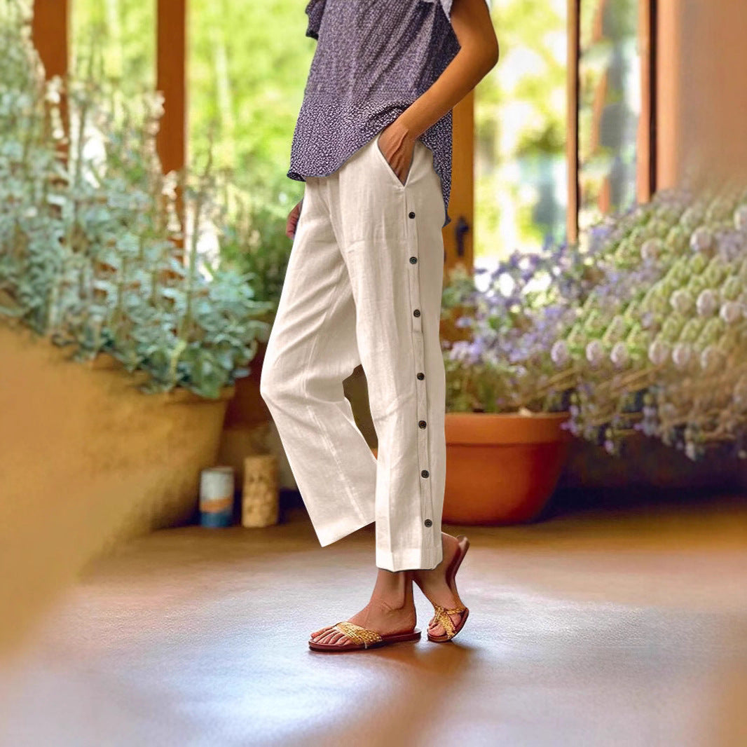 Women's lightweight and airy summer trousers with side buttons NOVAE