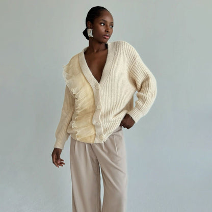 Women's cardigan with ruffle details and button closure NOVAE