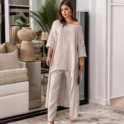 Women's elegant linen blouse with an asymmetrical cut and casual design NOVAE