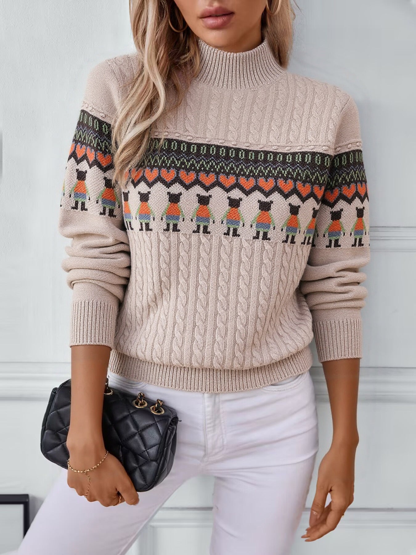 Women's knitted sweater with creative pattern and high collar NOVAE