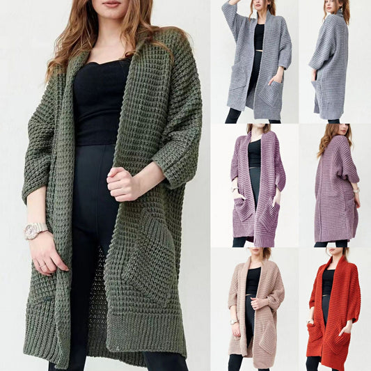 Women's long knitted coat in a fashionable waffle pattern NOVAE