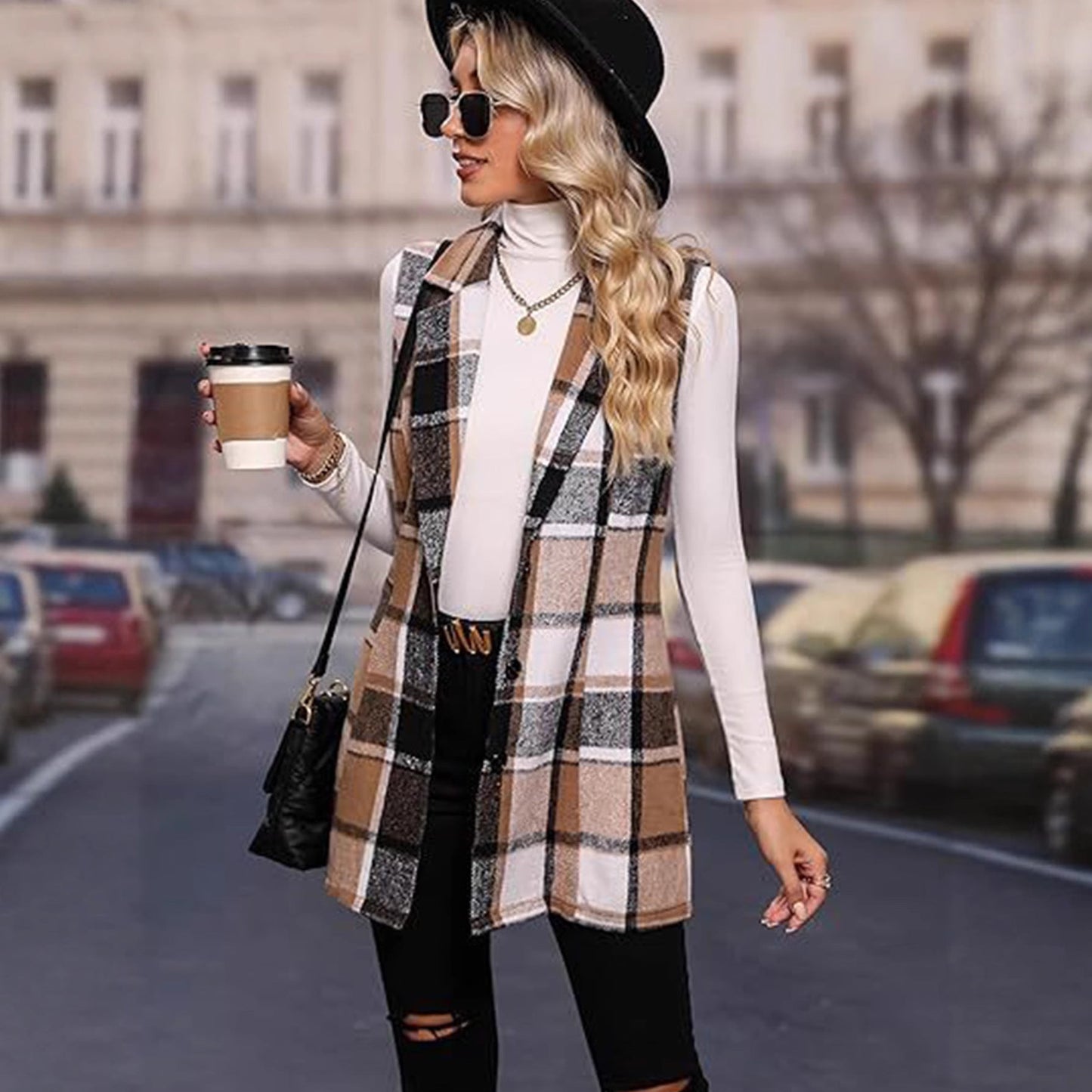 Women's long jacket in a modern check design NOVAE