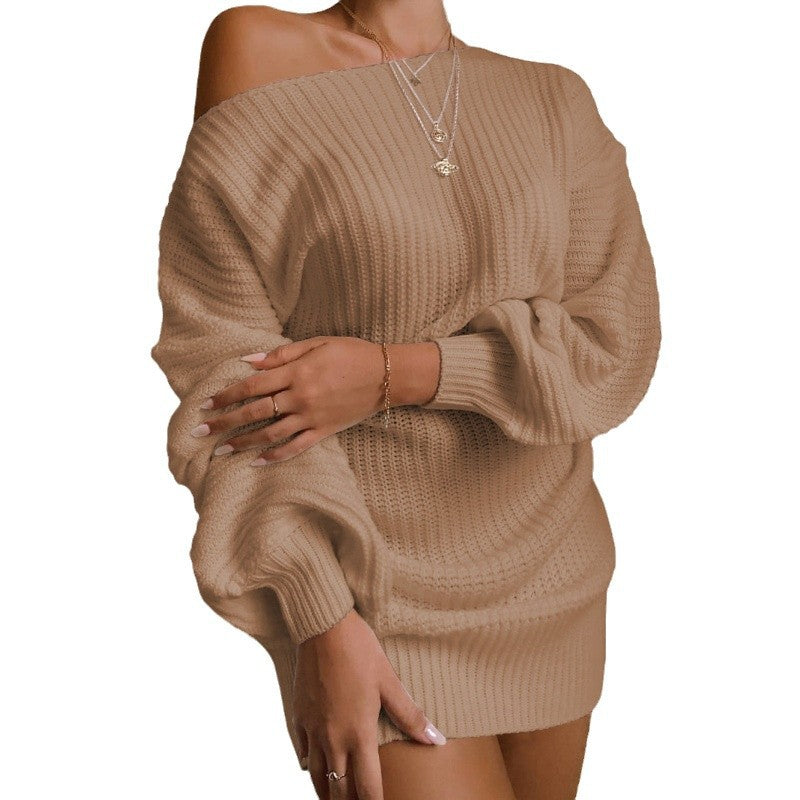 Women's knitted sweater dress with off-shoulder neckline and voluminous sleeves NOVAE