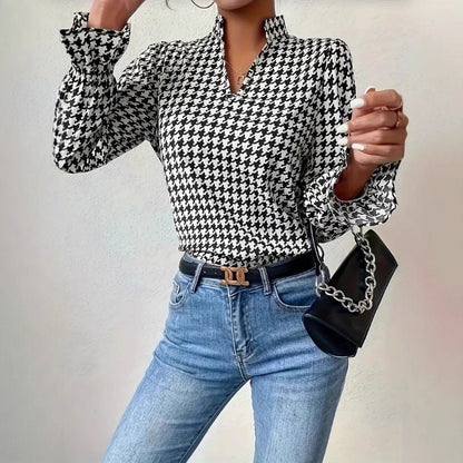 Women's long-sleeved blouse with classic houndstooth pattern and fashionable flounce sleeves NOVAE